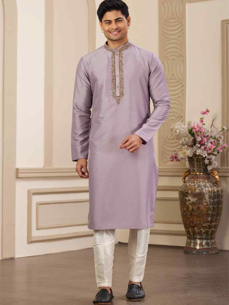Purple Banarasi Silk Embroidered Festival Party Kurta