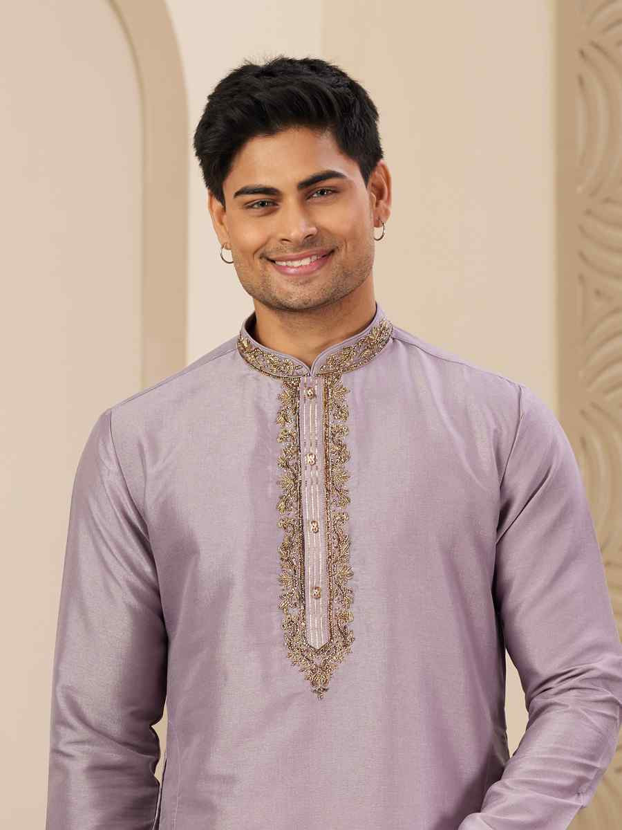 Purple Banarasi Silk Embroidered Festival Party Kurta