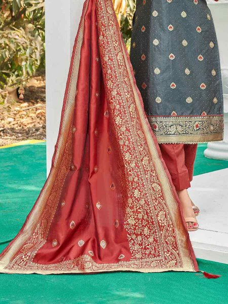 Grey Banarasi Silk Embroidered Festival Wedding Pant Salwar Kameez