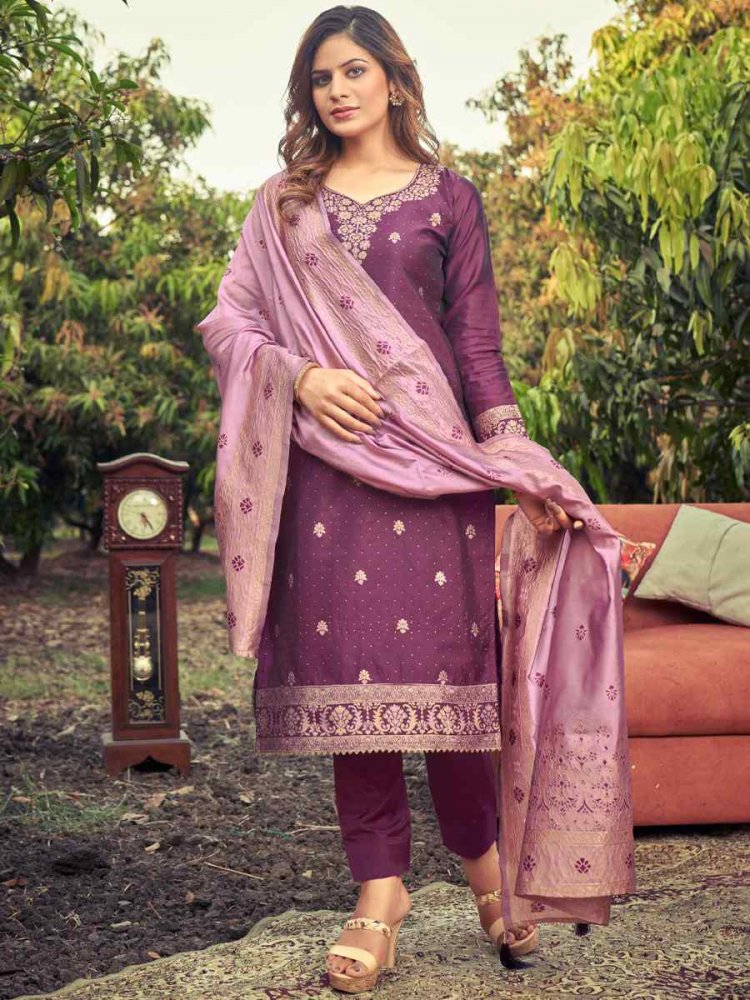 Purple Banarasi Silk Embroidered Mehendi Festival Pant Salwar Kameez