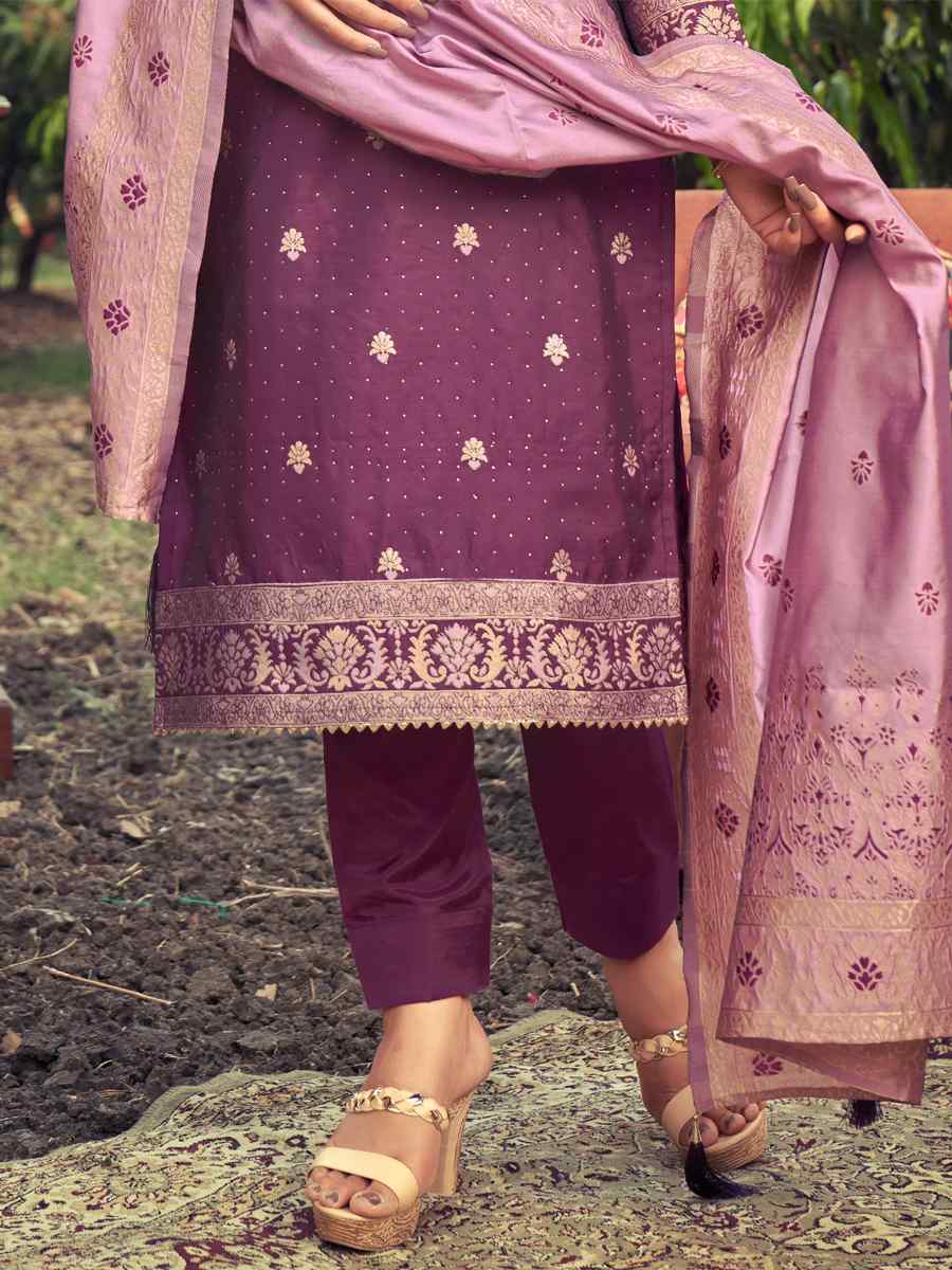 Purple Banarasi Silk Embroidered Mehendi Festival Pant Salwar Kameez