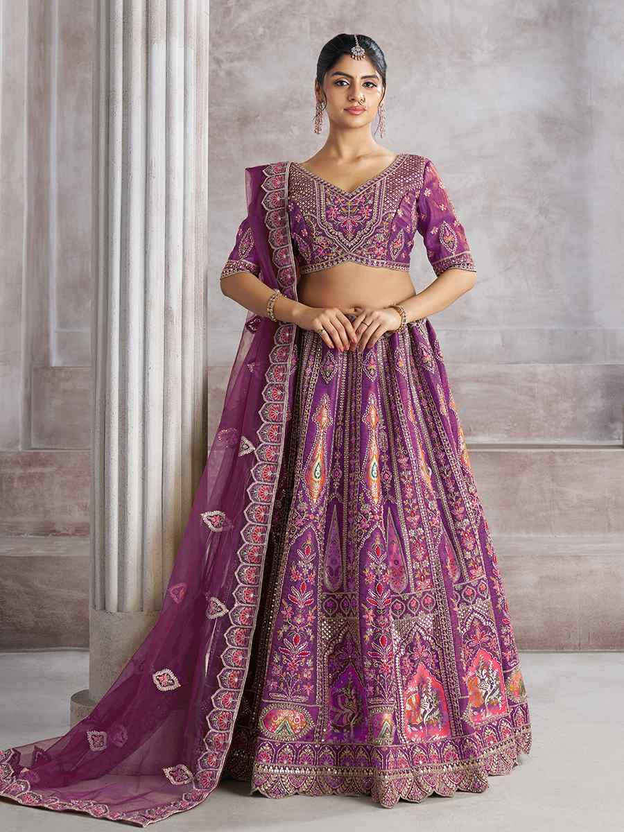 Purple Banarasi silk Embroidered Wedding Bridesmaid Heavy Border Lehenga Choli