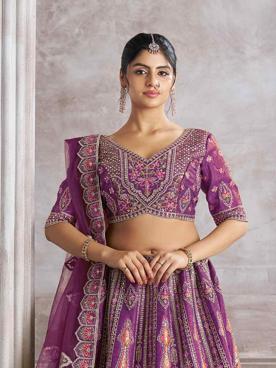 Purple Banarasi silk Embroidered Wedding Bridesmaid Heavy Border Lehenga Choli
