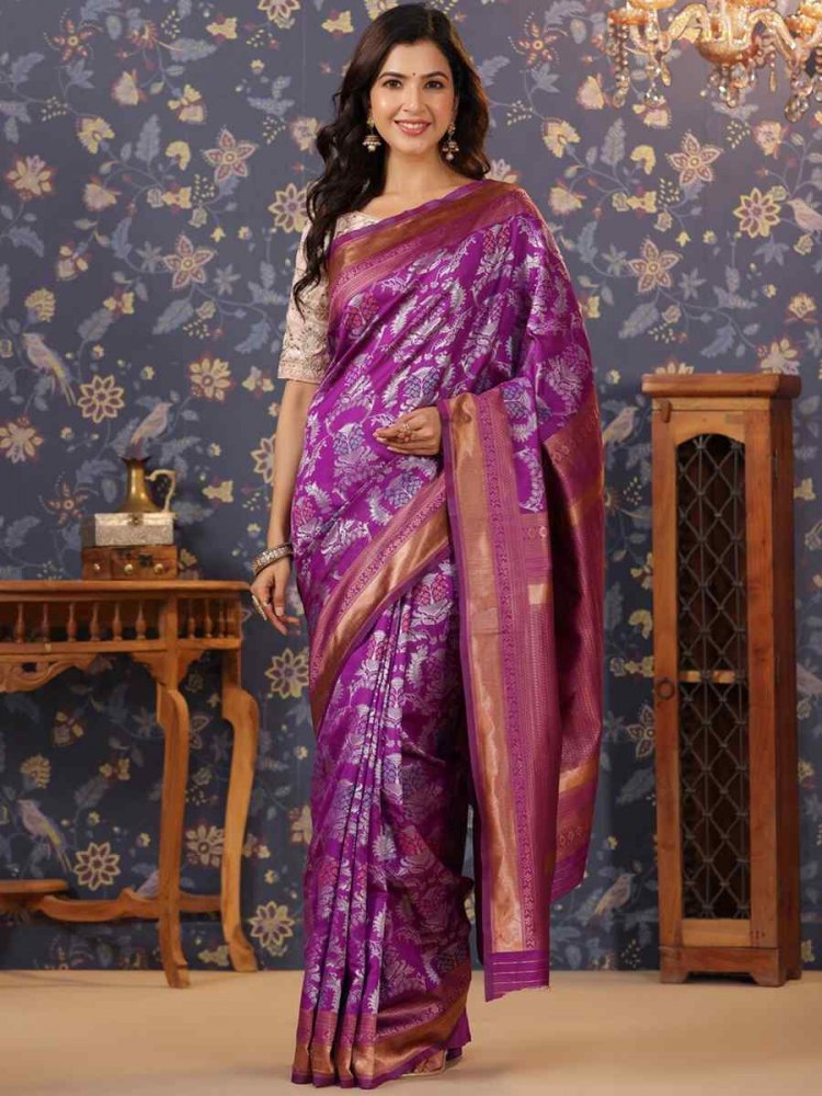 Purple Banarasi Silk Embroidery Reception Wedding Heavy Border Saree