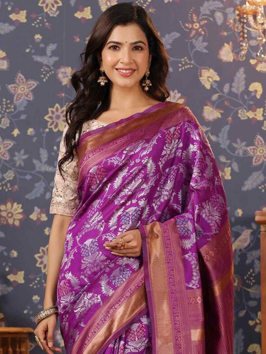 Purple Banarasi Silk Embroidery Reception Wedding Heavy Border Saree