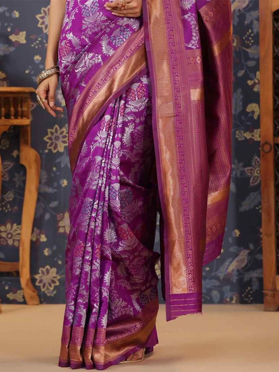 Purple Banarasi Silk Embroidery Reception Wedding Heavy Border Saree
