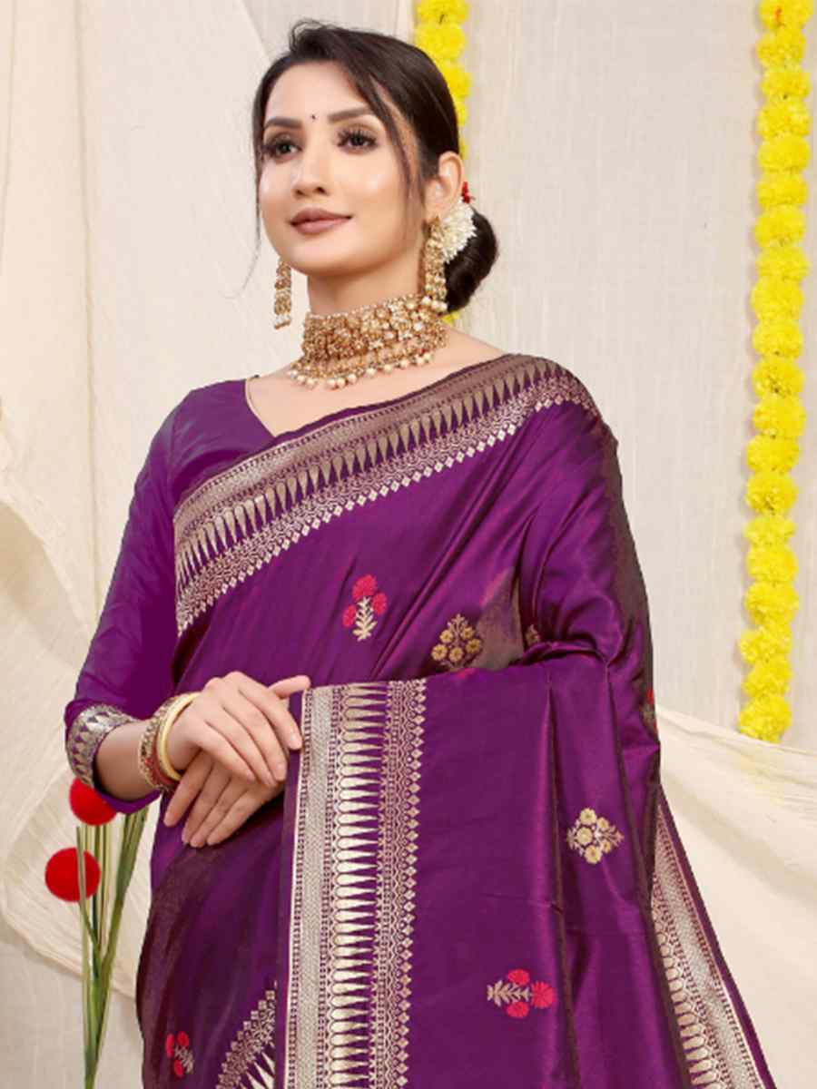 Purple Banarasi Silk Handwoven Festival Casual Heavy Border Saree