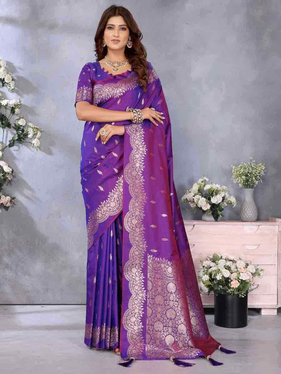 Purple Banarasi Silk Handwoven Festival Wedding Fancy Heavy Border Saree