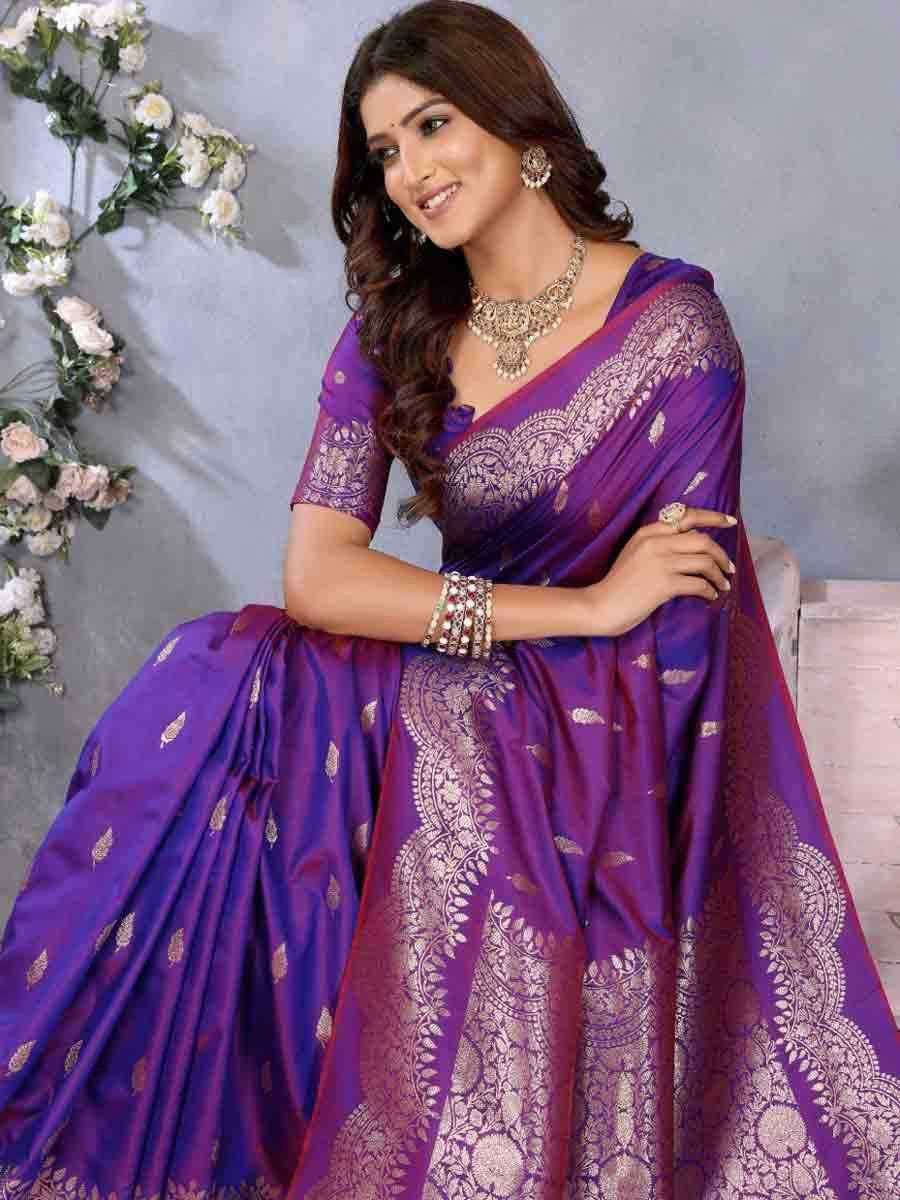 Purple Banarasi Silk Handwoven Festival Wedding Fancy Heavy Border Saree