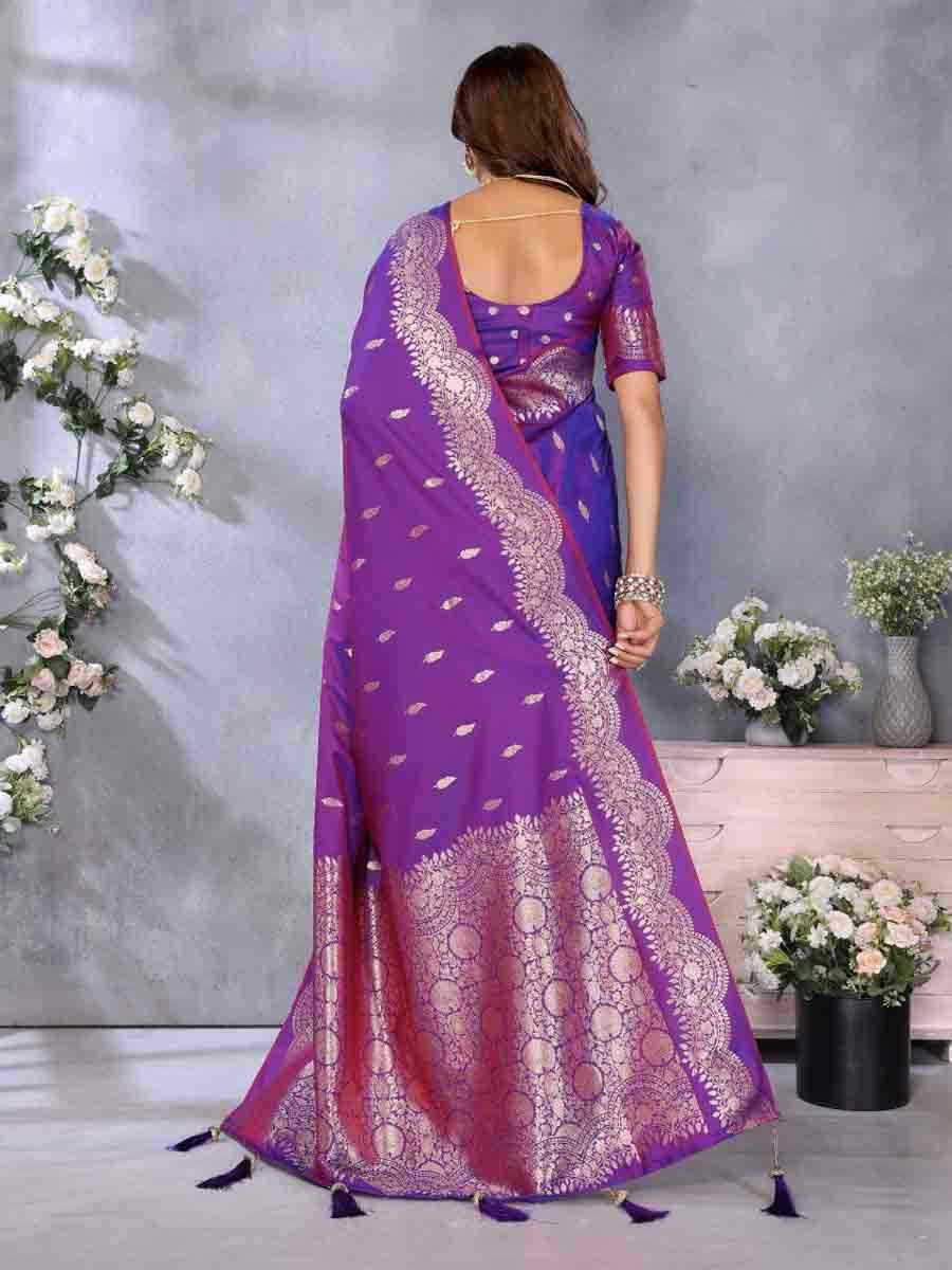 Purple Banarasi Silk Handwoven Festival Wedding Fancy Heavy Border Saree