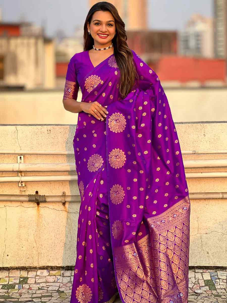 Purple Banarasi Silk Handwoven Festival Wedding Fancy Heavy Border Saree