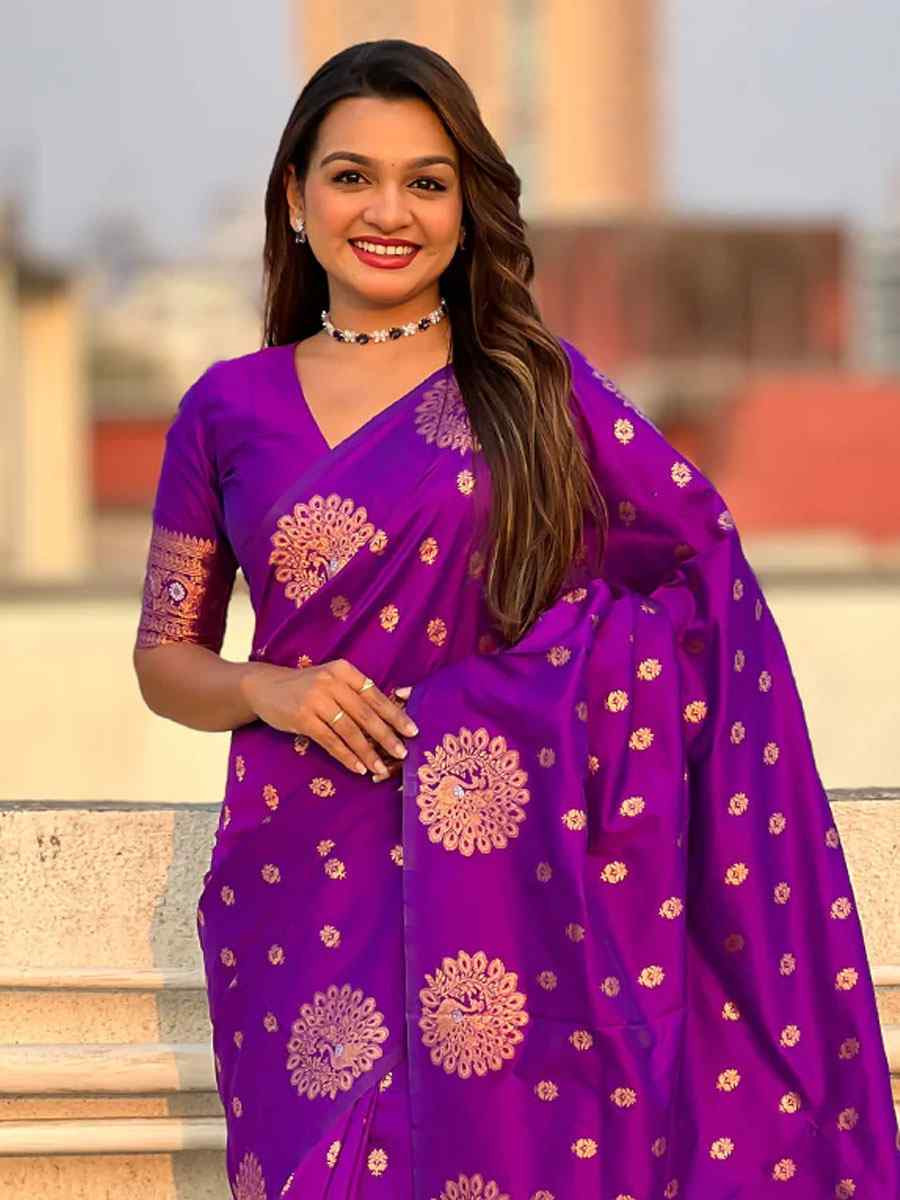 Purple Banarasi Silk Handwoven Festival Wedding Fancy Heavy Border Saree