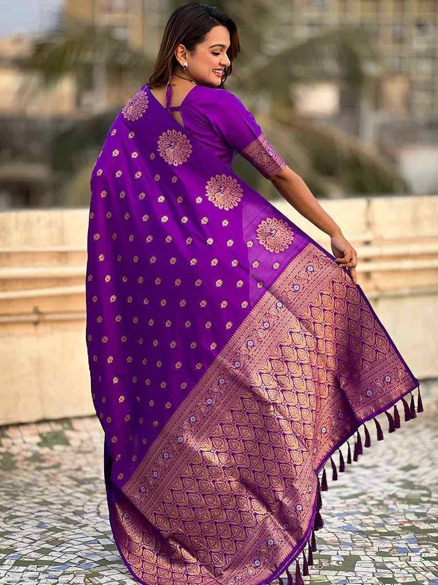 Purple Banarasi Silk Handwoven Festival Wedding Fancy Heavy Border Saree