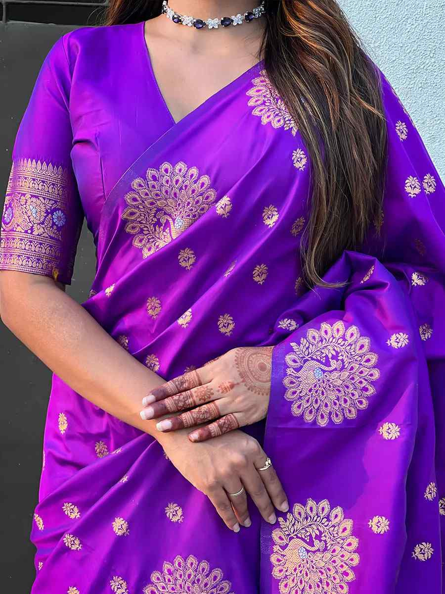 Purple Banarasi Silk Handwoven Festival Wedding Fancy Heavy Border Saree