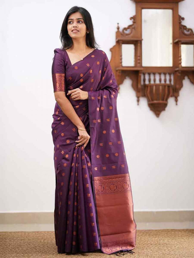 Image of Purple Banarasi Silk Handwoven Festival Wedding Fancy Heavy Border Saree