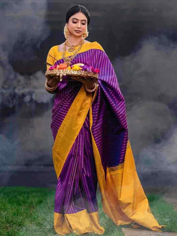 Image of Purple Banarasi Silk Handwoven Party Festival Wedding Traditional Fancy Classic Style Sarees