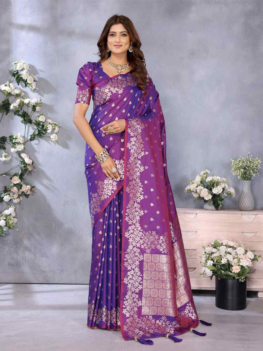 Purple Banarasi Silk Handwoven Traditional Bridal Reception Festival Wedding Fancy Heavy Border Saree