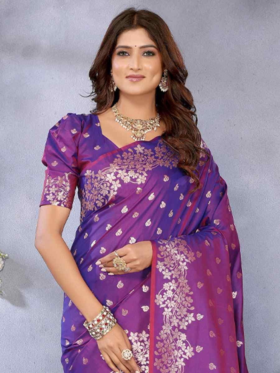 Purple Banarasi Silk Handwoven Traditional Bridal Reception Festival Wedding Fancy Heavy Border Saree