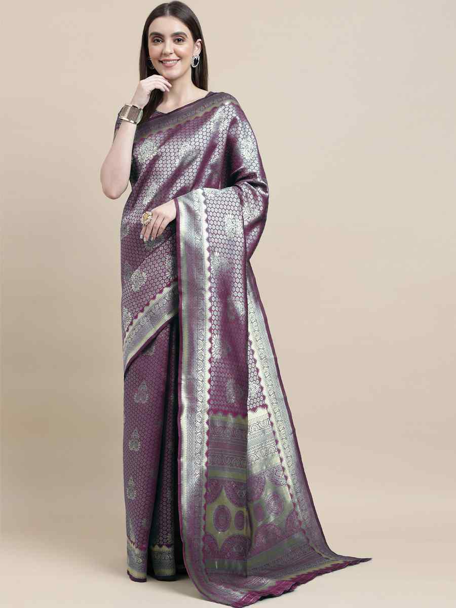 Purple Banarasi Silk Handwoven Wedding Festival Heavy Border Saree