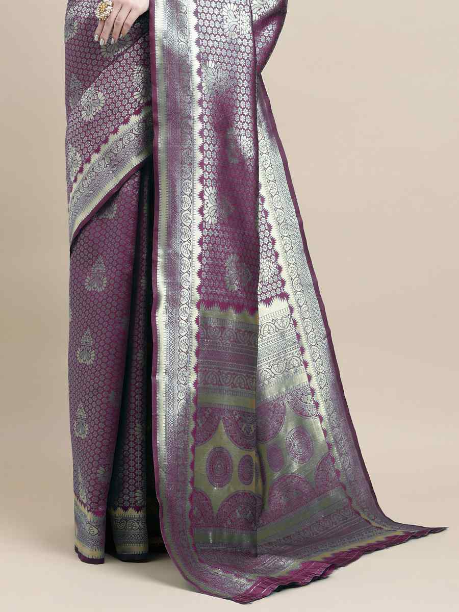 Purple Banarasi Silk Handwoven Wedding Festival Heavy Border Saree