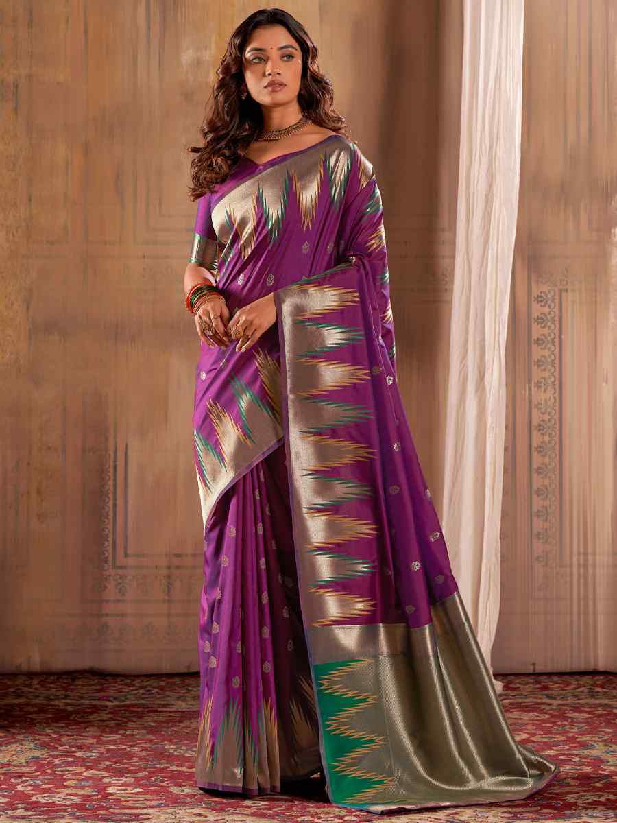 Purple Banarasi Silk Handwoven Wedding Festival Heavy Border Saree