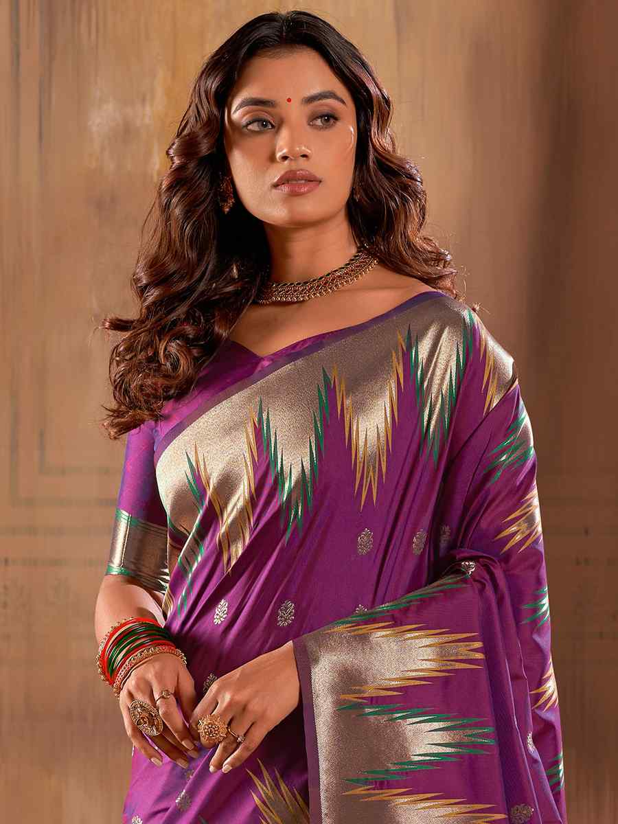 Purple Banarasi Silk Handwoven Wedding Festival Heavy Border Saree