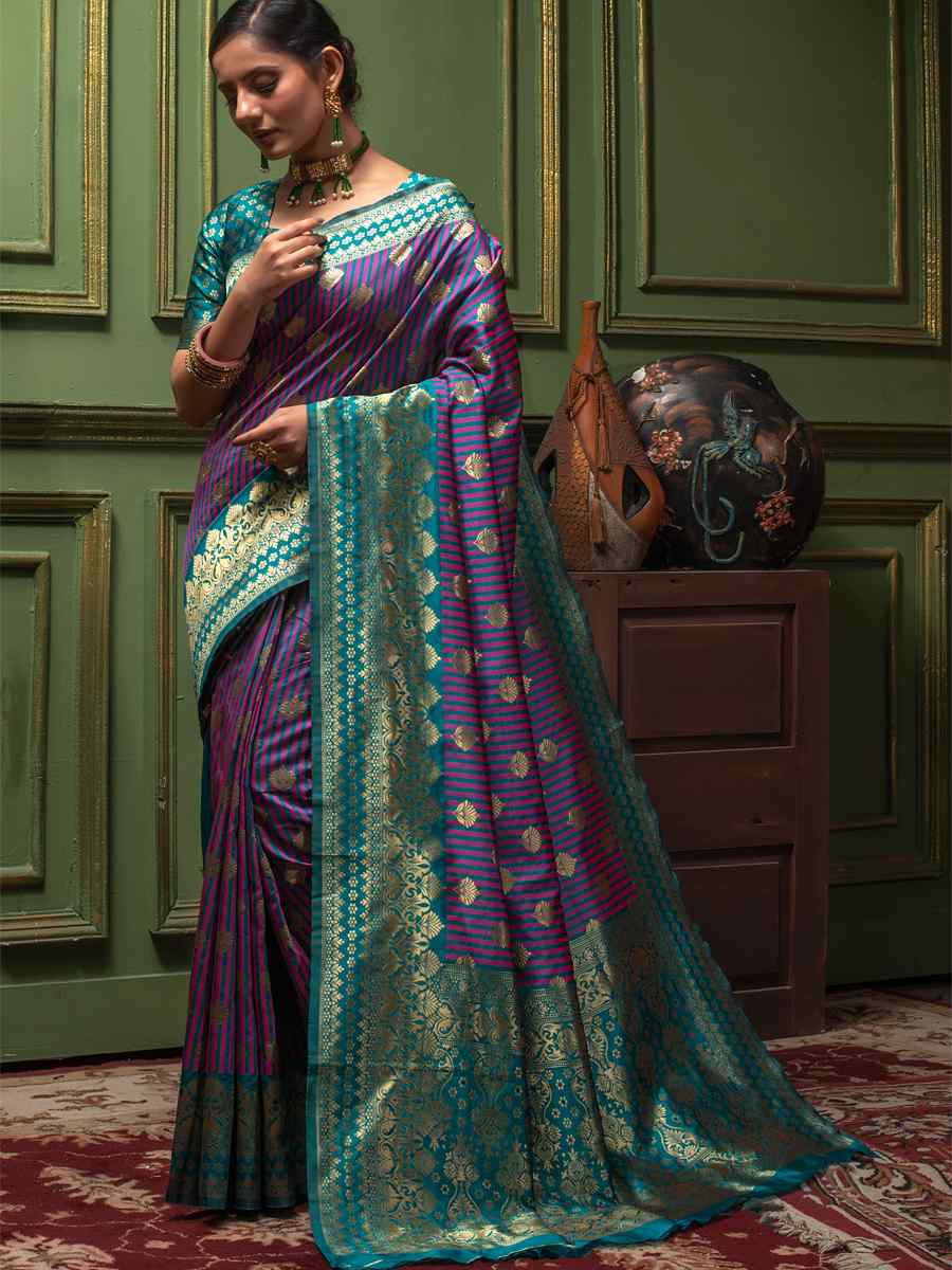 Purple Banarasi Silk Handwoven Wedding Festival Heavy Border Saree