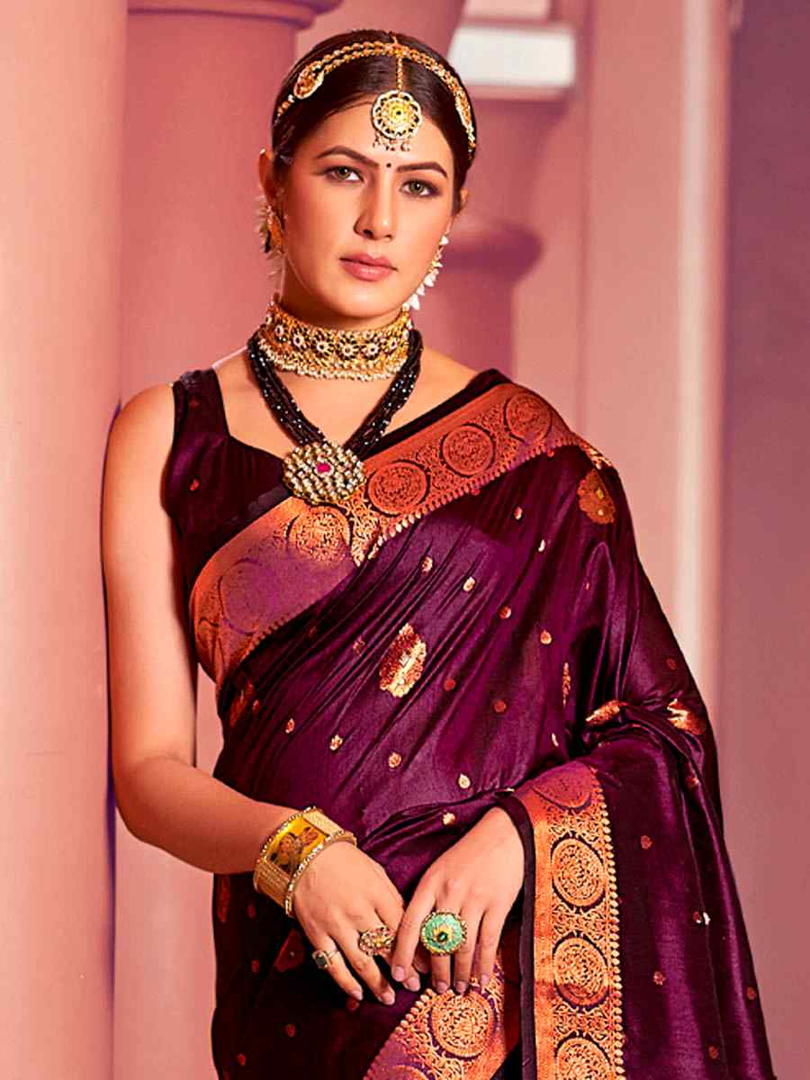 Purple Banarasi Silk Handwoven Wedding Festival Heavy Border Saree