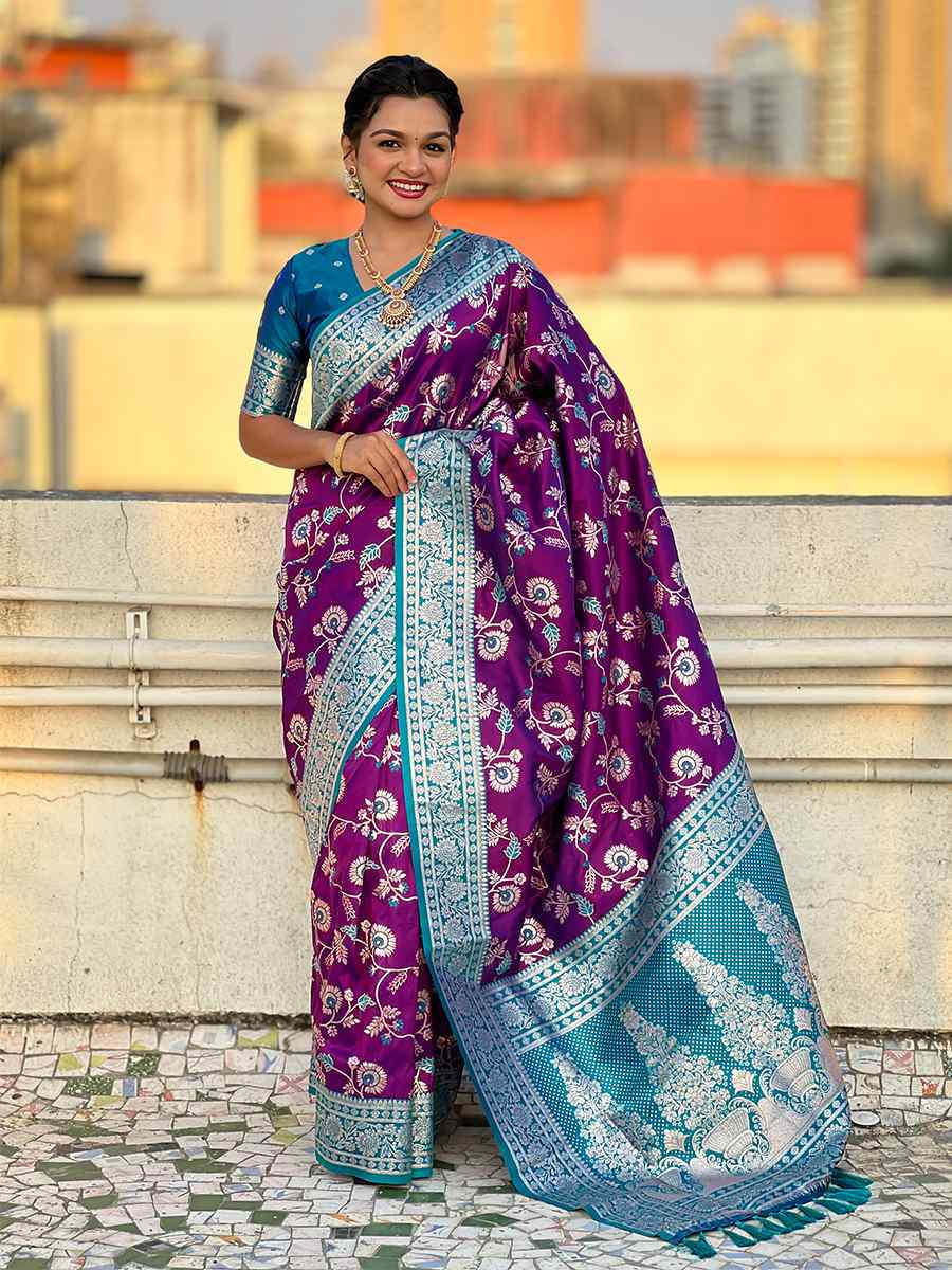 Purple Banarasi Silk Handwoven Wedding Festival Heavy Border Saree
