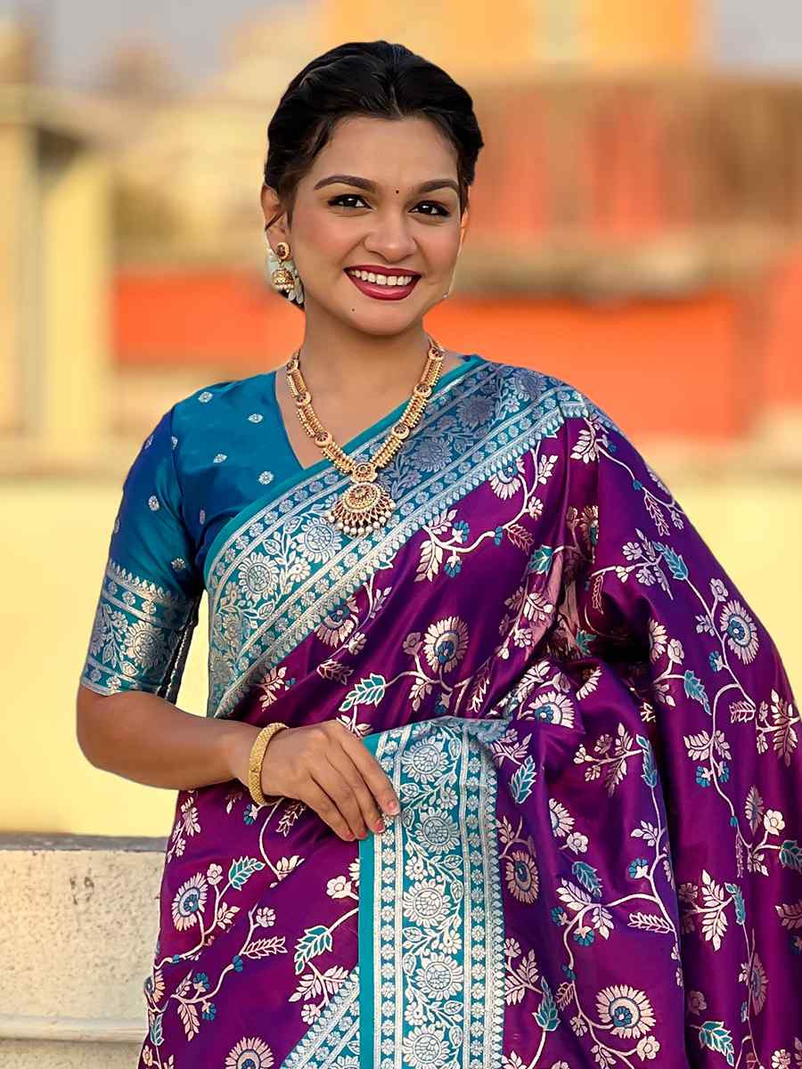 Purple Banarasi Silk Handwoven Wedding Festival Heavy Border Saree