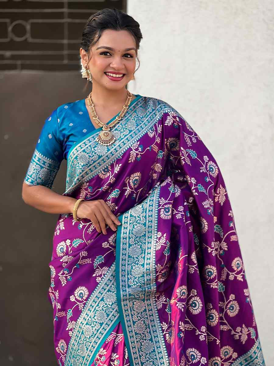 Purple Banarasi Silk Handwoven Wedding Festival Heavy Border Saree