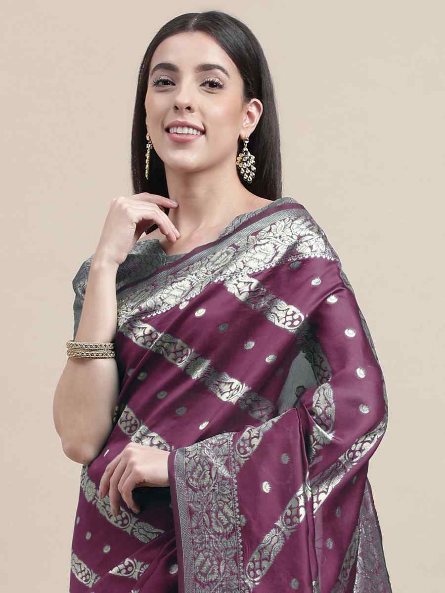 Purple Banarasi Silk Handwoven Wedding Festival Heavy Border Saree