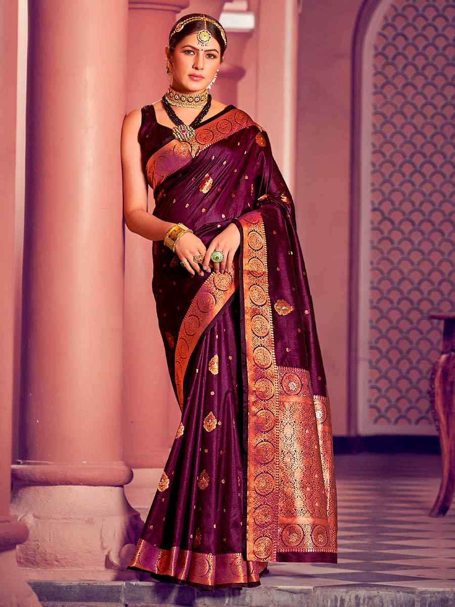 Purple Banarasi Silk Handwoven Wedding Festival Heavy Border Saree