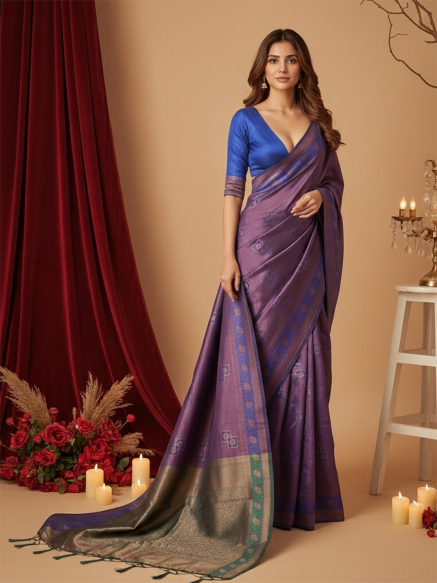 Purple Banarasi Silk Jacquard Wedding Reception Party Festival Casual Heavy Border Sarees