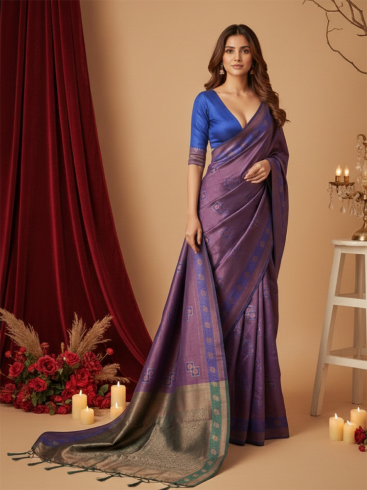 Image of Purple Banarasi Silk Jacquard Wedding Reception Party Festival Casual Heavy Border Sarees