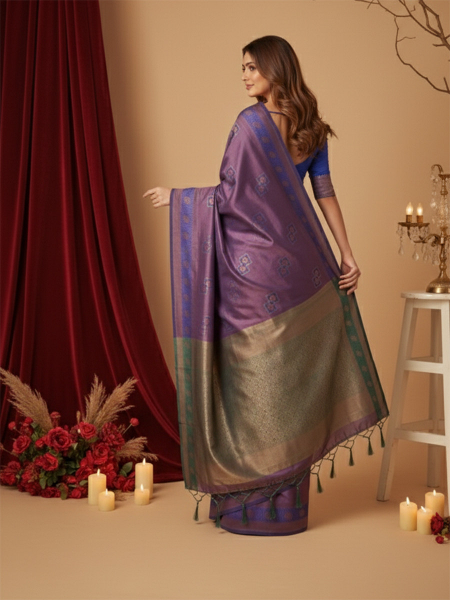 Purple Banarasi Silk Jacquard Wedding Reception Party Festival Casual Heavy Border Sarees