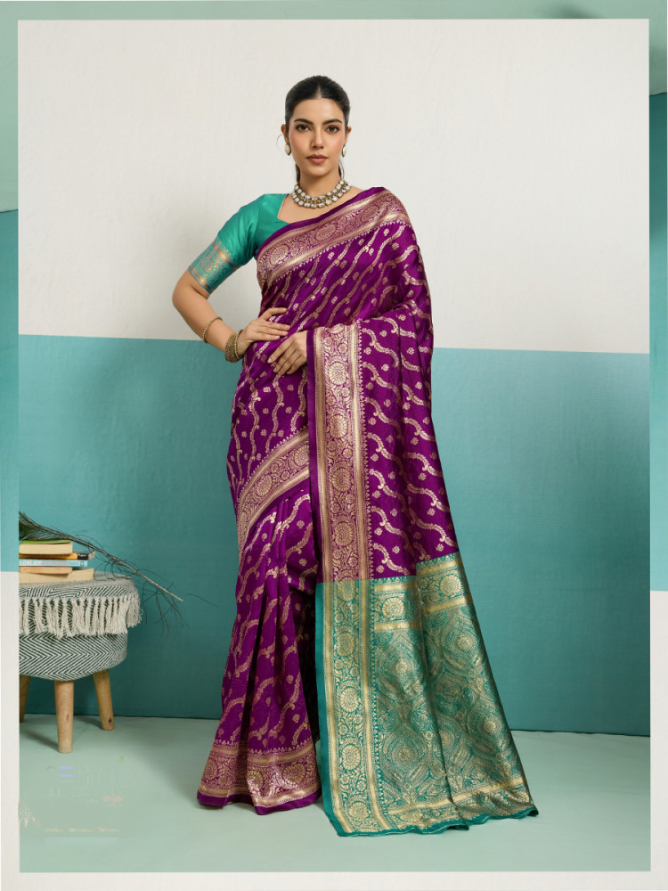 Image of Purple Banarasi Silk Zari Kanjivaram Handwoven Wedding Party Festival Reception Heavy Border Saree