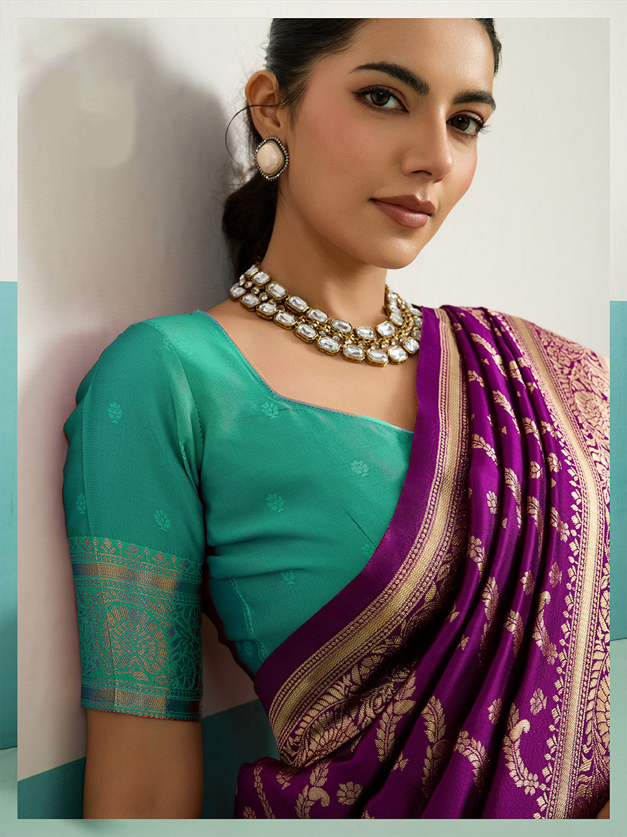 Purple Banarasi Silk Zari Kanjivaram Handwoven Wedding Party Festival Reception Heavy Border Saree