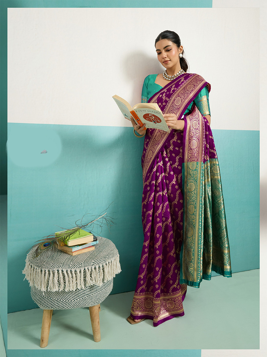 Purple Banarasi Silk Zari Kanjivaram Handwoven Wedding Party Festival Reception Heavy Border Saree