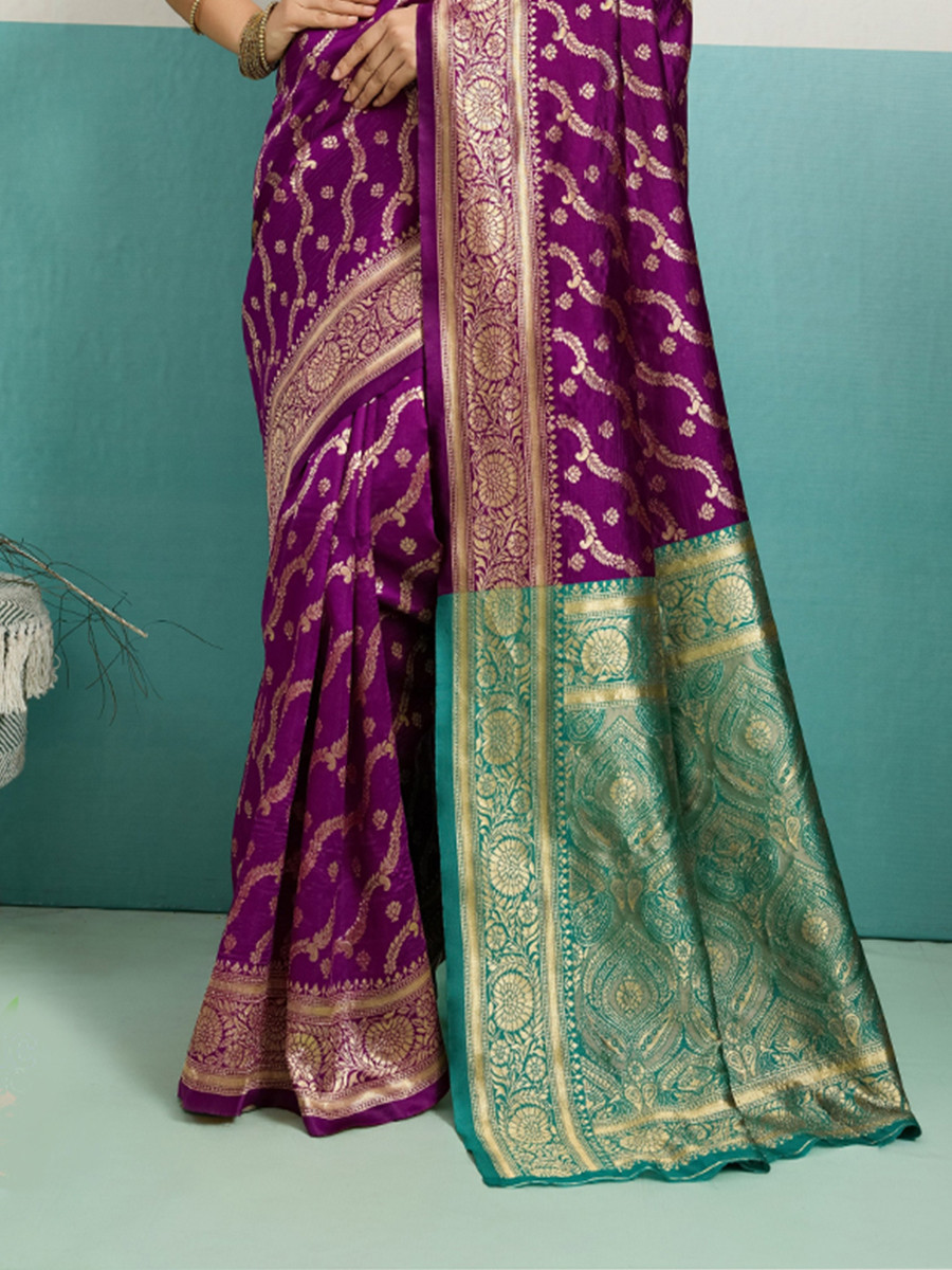 Purple Banarasi Silk Zari Kanjivaram Handwoven Wedding Party Festival Reception Heavy Border Saree