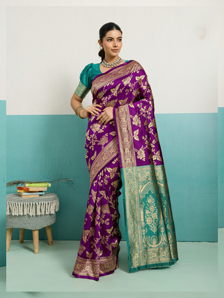 Image of Purple Banarasi Silk Zari Kanjivaram Handwoven Wedding Party Festival Reception Heavy Border Saree