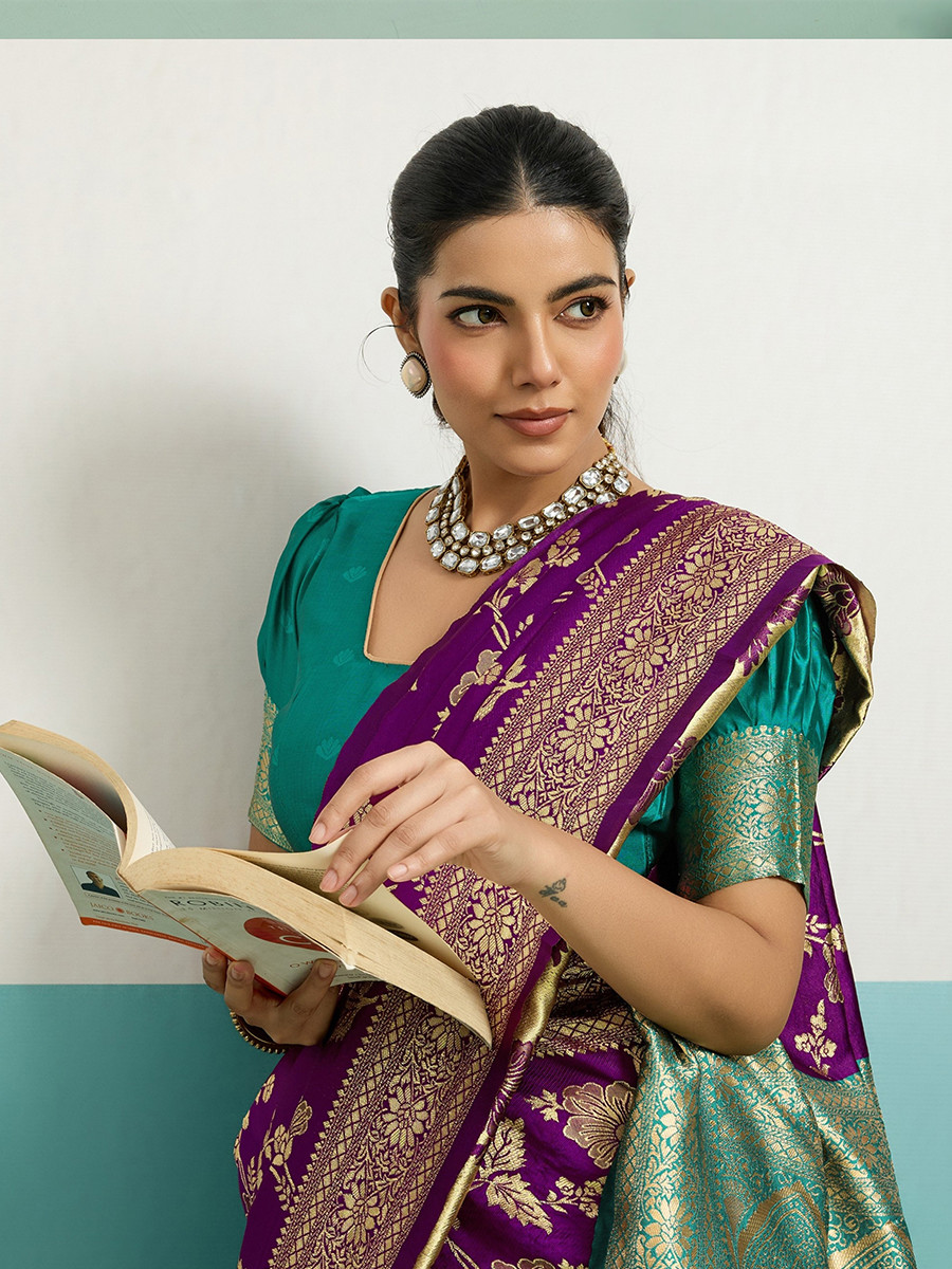 Purple Banarasi Silk Zari Kanjivaram Handwoven Wedding Party Festival Reception Heavy Border Saree