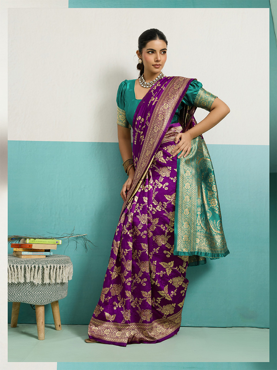 Purple Banarasi Silk Zari Kanjivaram Handwoven Wedding Party Festival Reception Heavy Border Saree