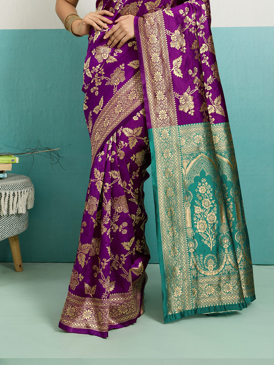 Purple Banarasi Silk Zari Kanjivaram Handwoven Wedding Party Festival Reception Heavy Border Saree