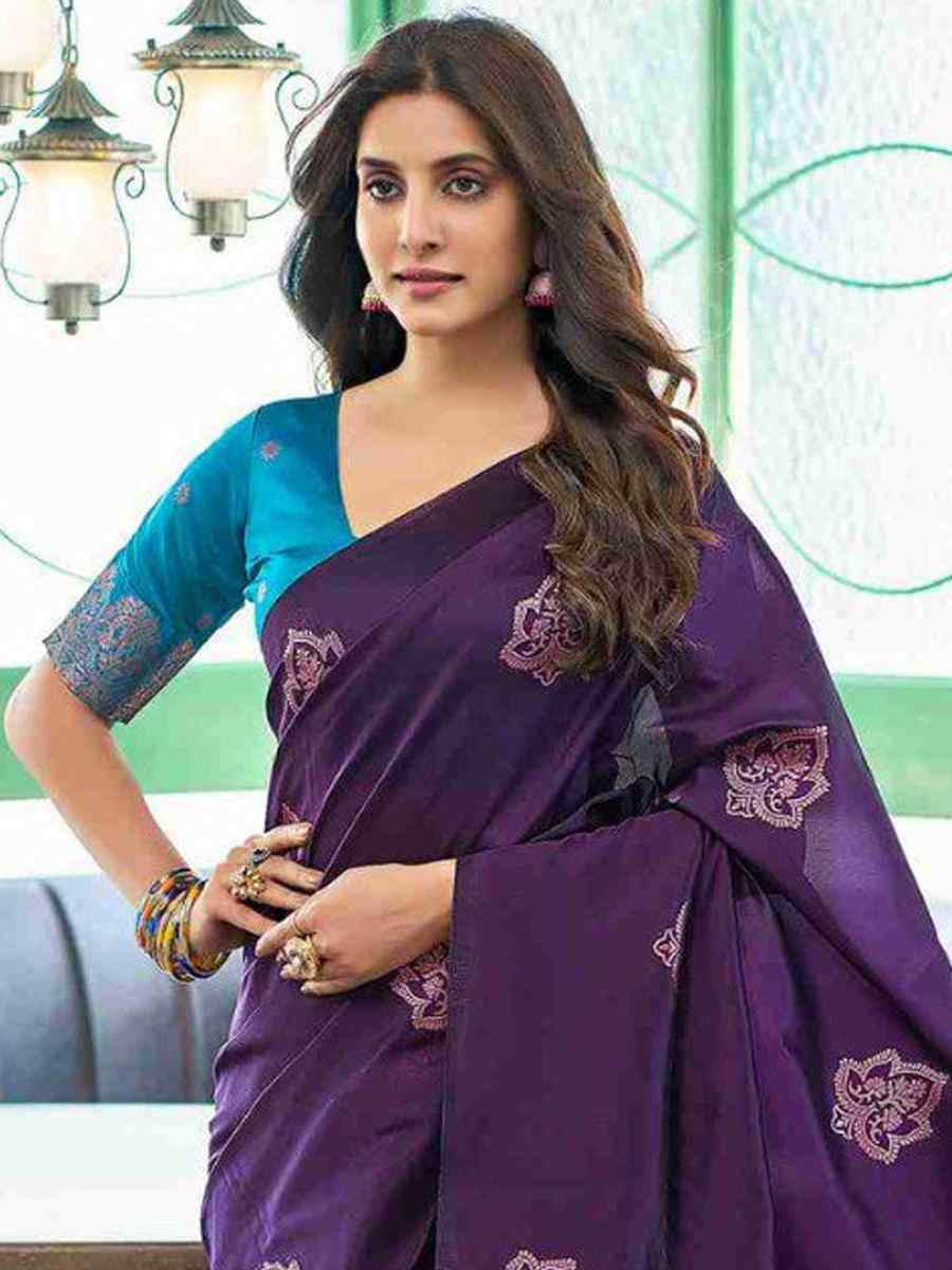 Purple Banarasi Soft Silk Embroidered Festival Party Heavy Border Saree
