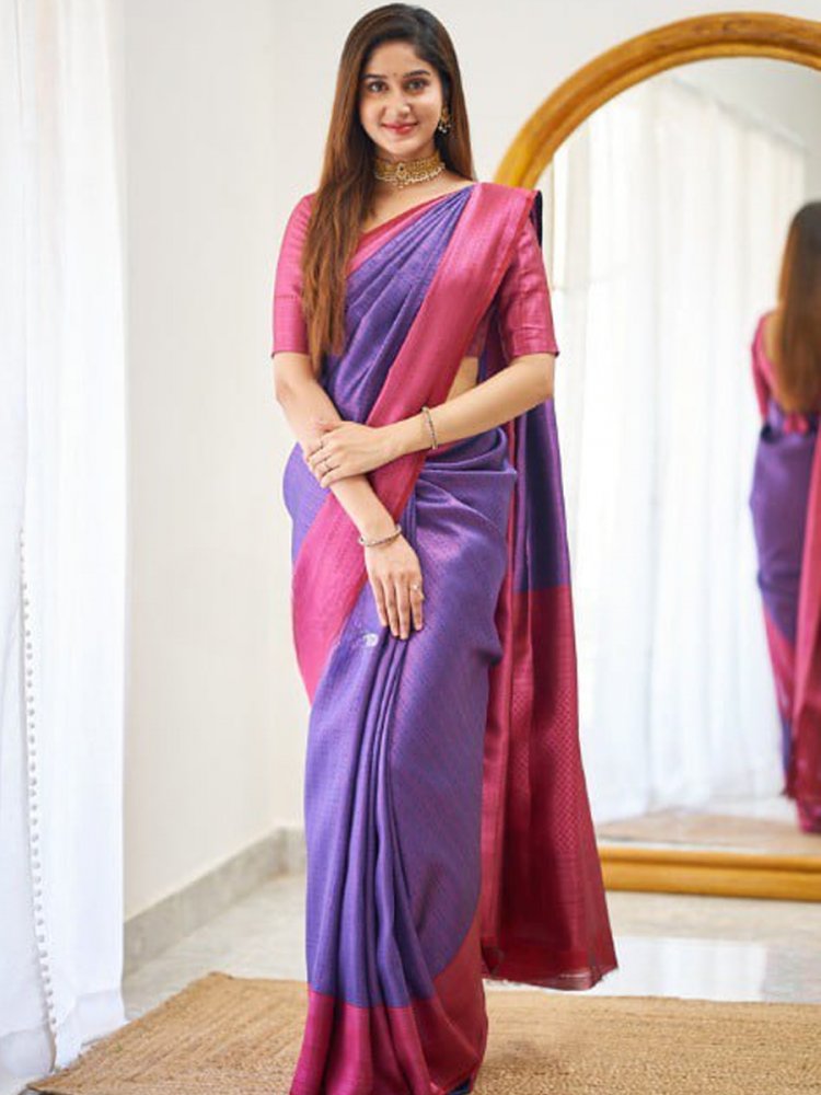 Purple Banarasi Soft Silk Handwoven Festival Casual Heavy Border Saree