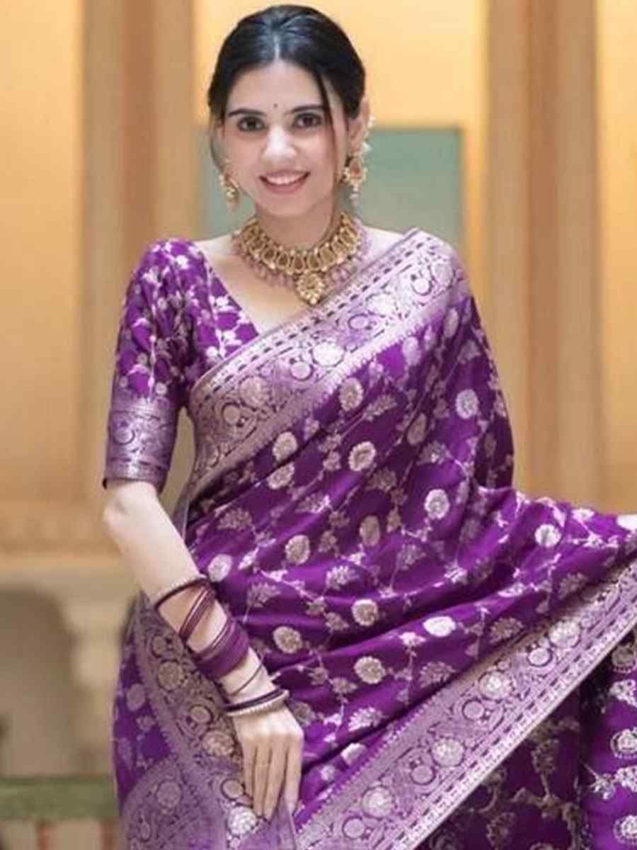 Purple Banarasi Soft Silk Handwoven Wedding Festival Heavy Border Saree