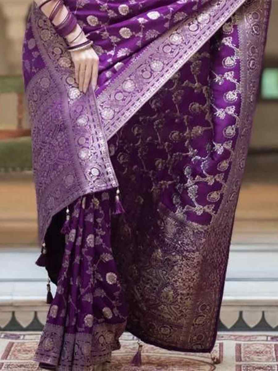 Purple Banarasi Soft Silk Handwoven Wedding Festival Heavy Border Saree