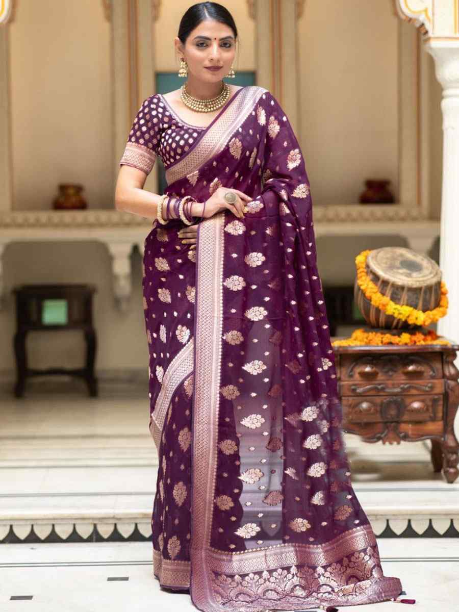 Purple Banarasi Soft Silk Handwoven Wedding Festival Heavy Border Saree