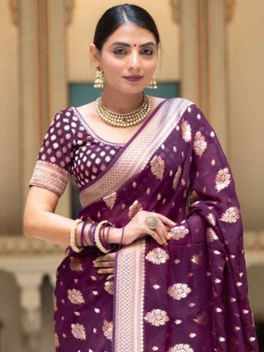 Purple Banarasi Soft Silk Handwoven Wedding Festival Heavy Border Saree